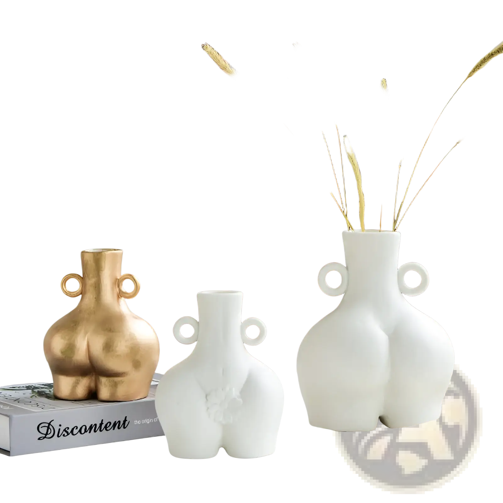 White ceramic female body vase shaped like buttocks with circular handles on either side