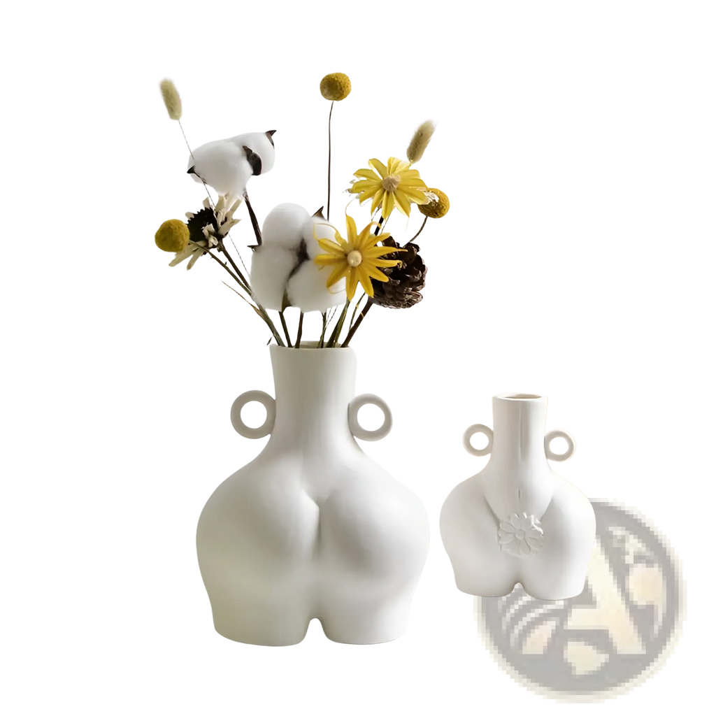 White ceramic female body vase with distinctive buttocks design and two circular handles on either side