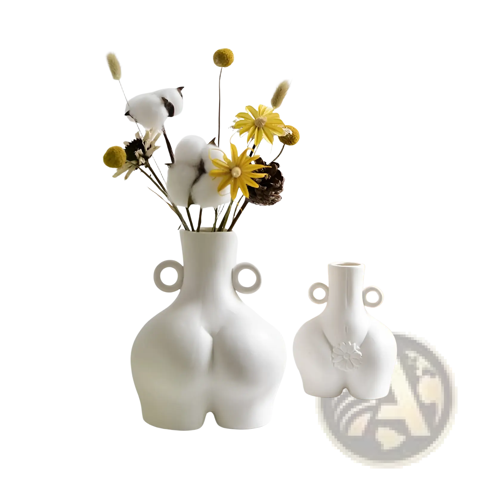 White ceramic female body vase with distinctive buttocks design and two circular handles on either side