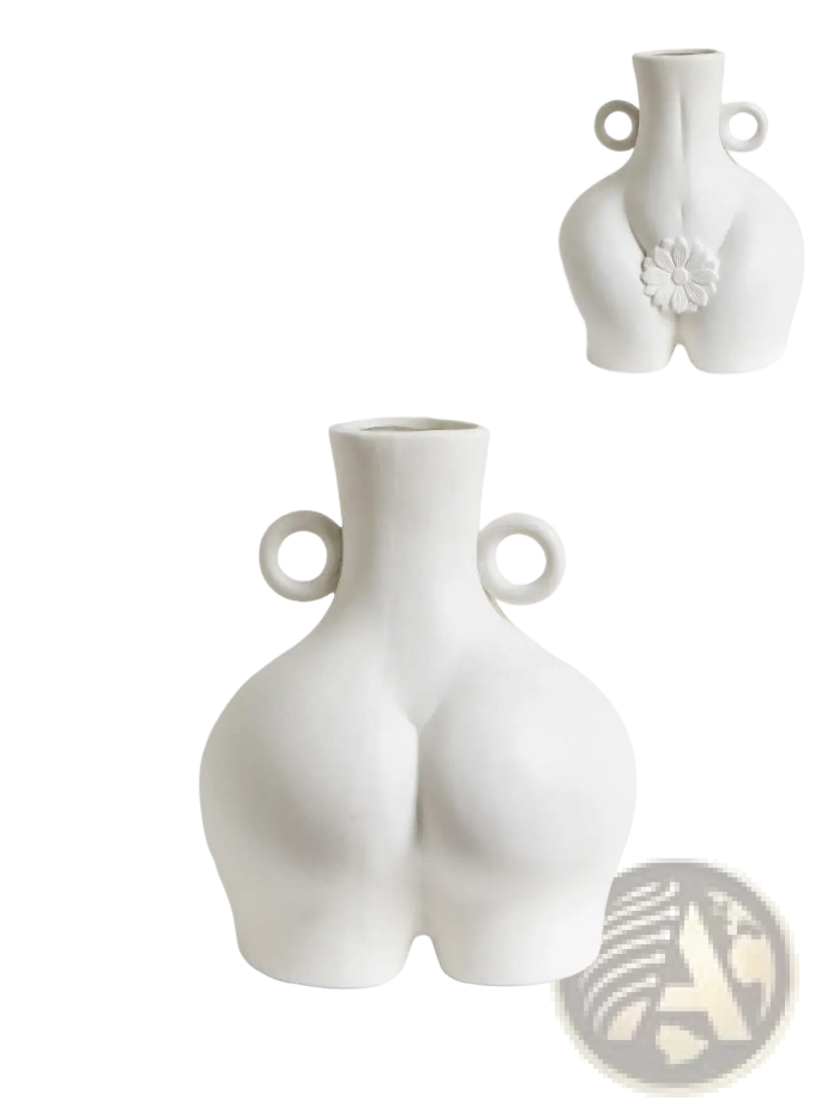 White ceramic female body vase shaped like stylized buttocks with two circular handles on either side