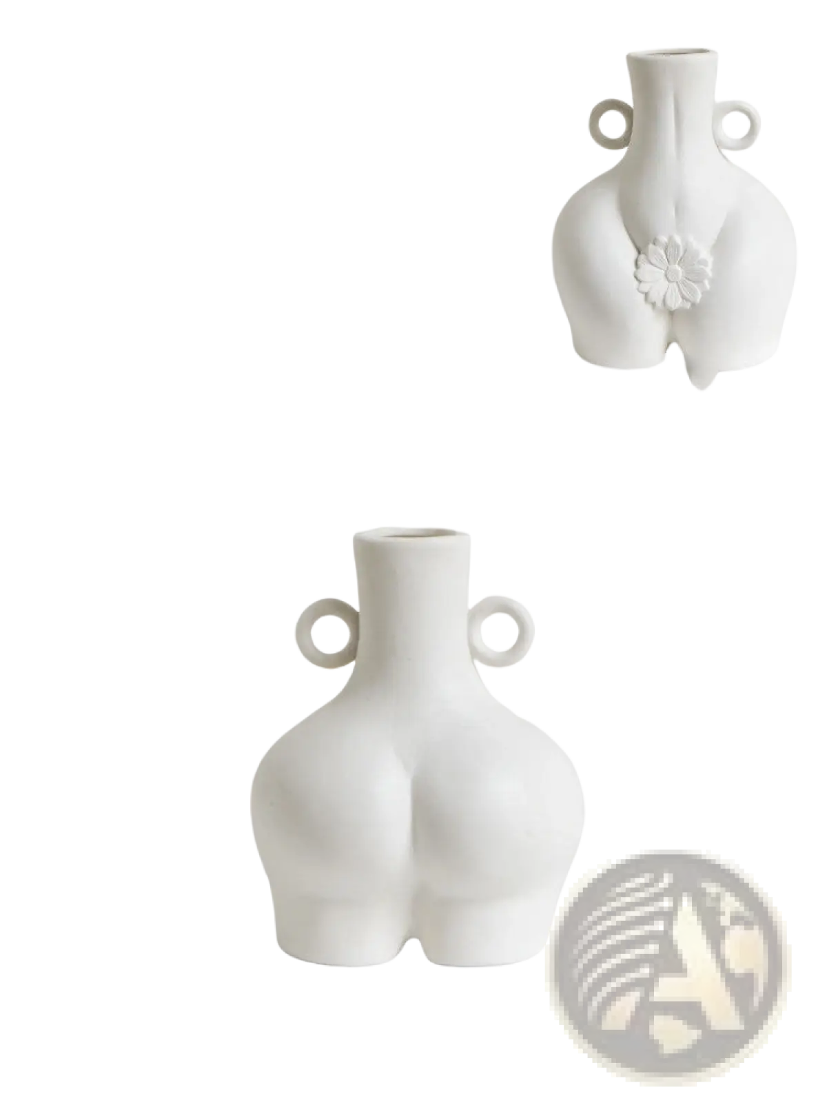White ceramic female body vase shaped like buttocks with circular handles and small flower detail on the back side