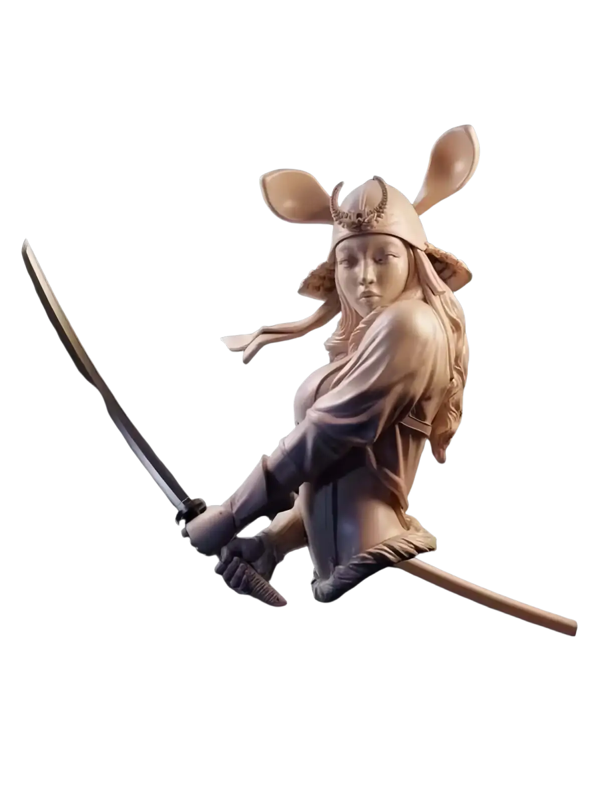 Detailed light-toned wooden sculpture of a female samurai with ornate helmet and katana resin bust unpainted model kit
