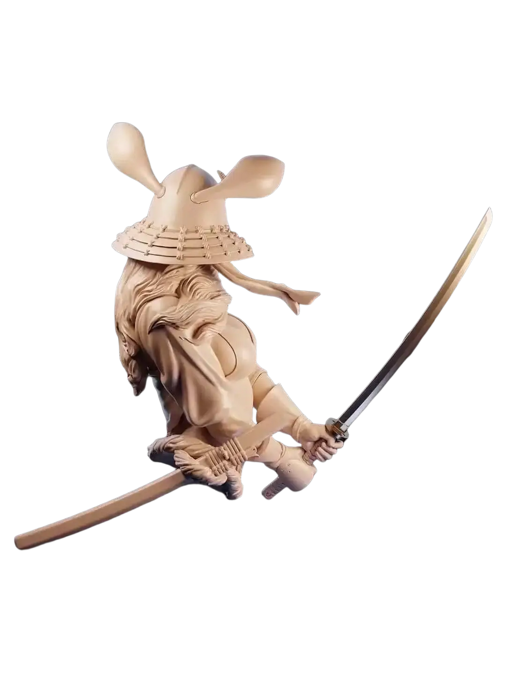 Detailed unpainted female swordsman resin bust model kit featuring a wooden samurai figure with rabbit ears and sword
