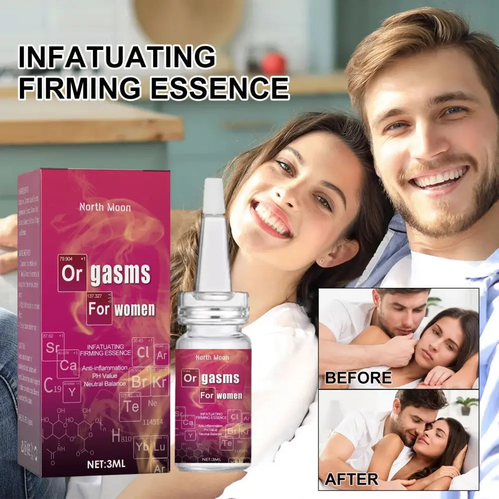 Pink rectangular box and glass bottle of north moon infatuating firming essence for women labeled with chemical symbols and net 3ml