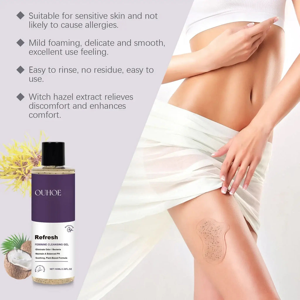 Ouhoe refresh feminine wash gel ph balanced 100ml in a clear bottle with black cap and light yellowish gel