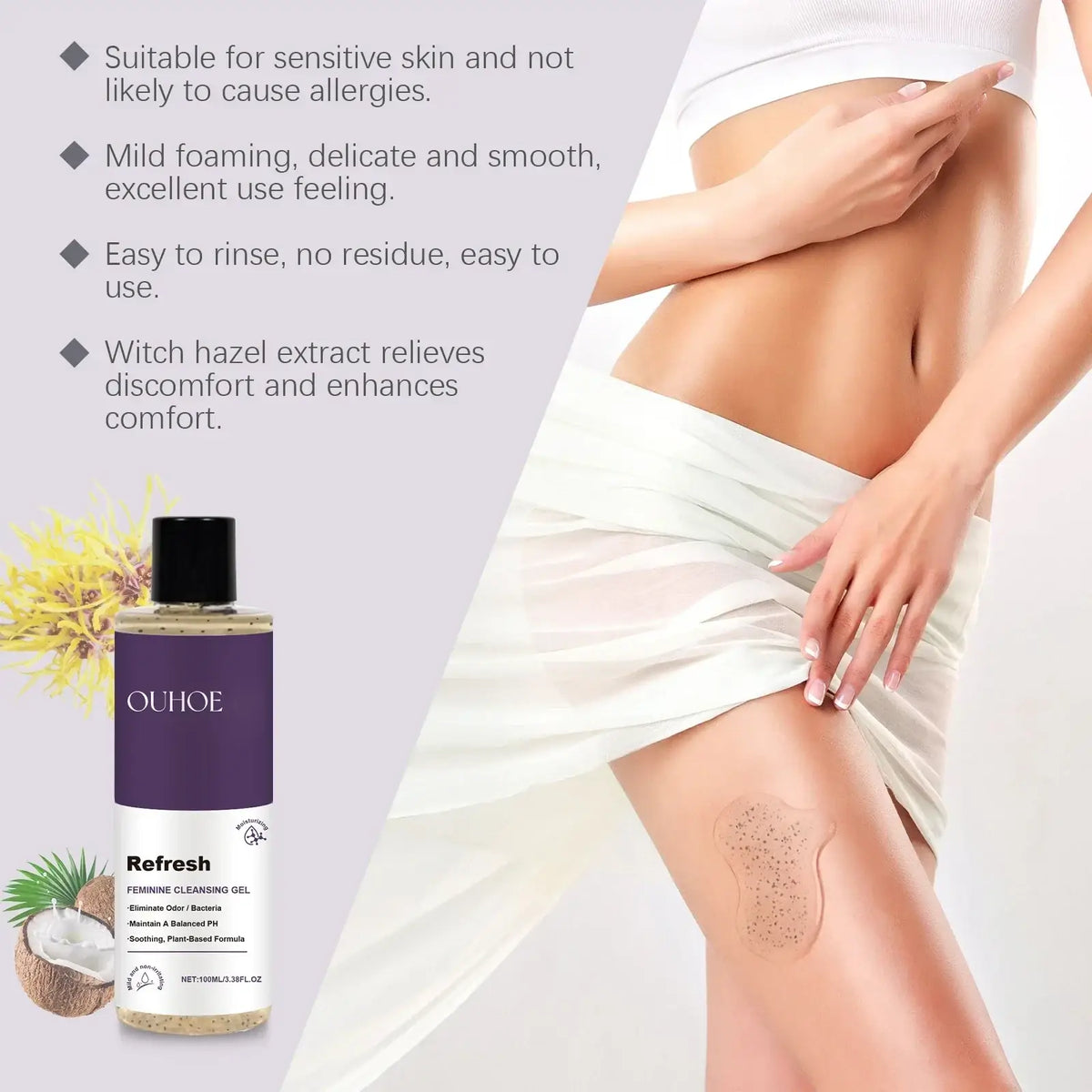 Ouhoe refresh feminine wash gel ph balanced 100ml in a clear bottle with black cap and light yellowish gel