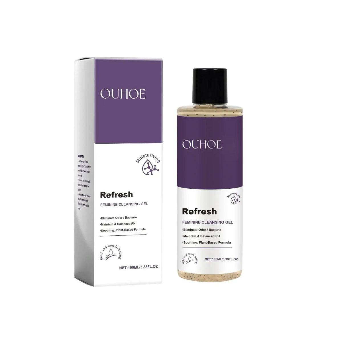 Ouhooe feminine wash gel ph balanced in a clear bottle with purple labeling and black cap containing light gel 100ml