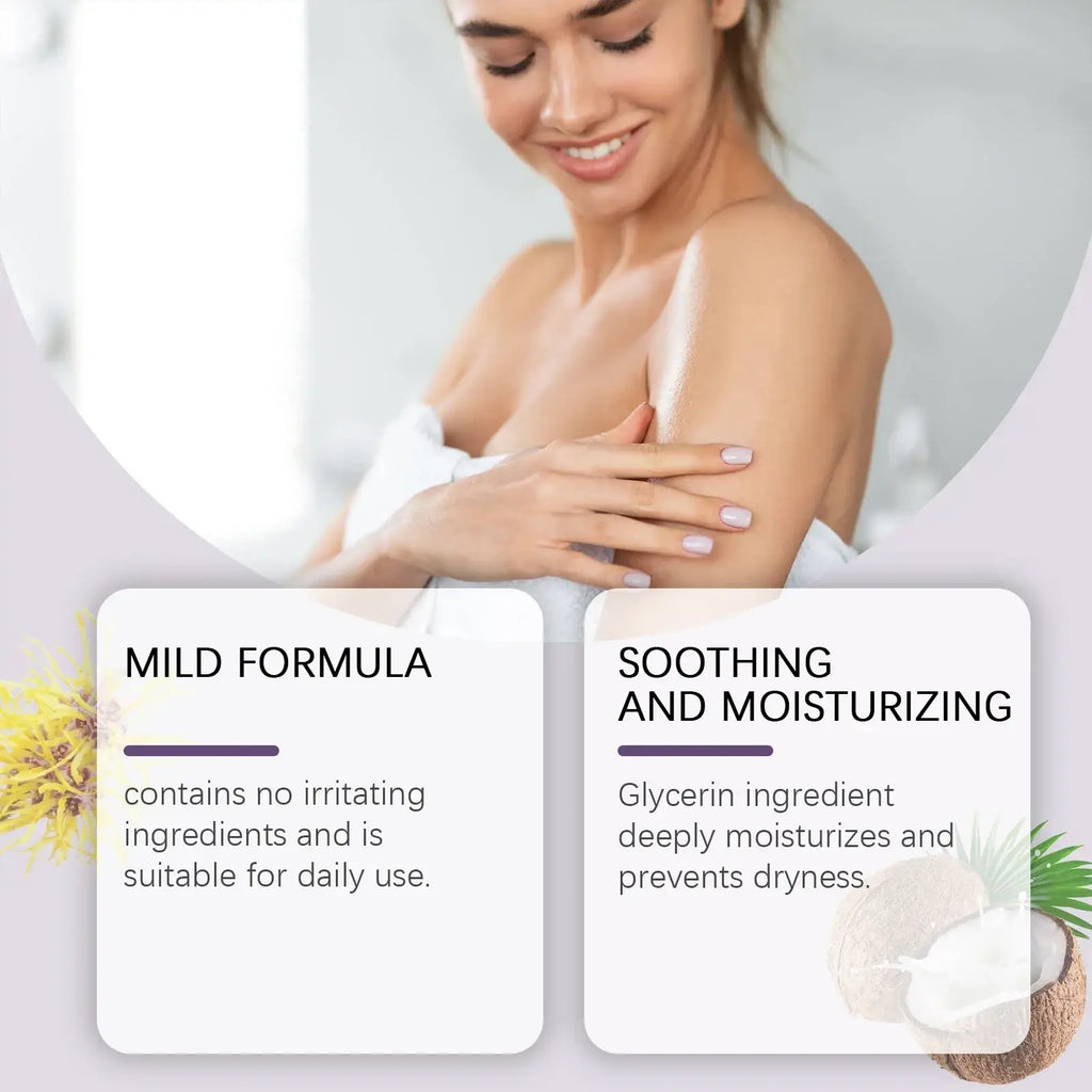 A woman applies white creamy moisturizer to her shoulder using feminine wash gel ph balanced 100ml for balanced long lasting care