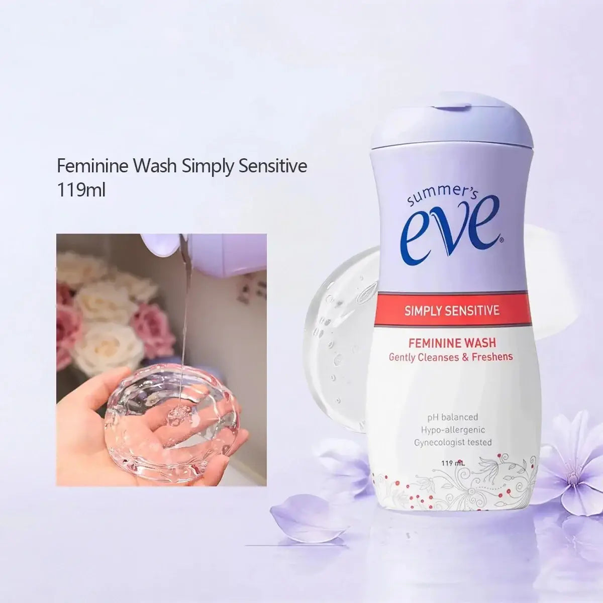 A lavender and white summers eve simply sensitive feminine wash bottle containing 119ml of gentle feminine wash