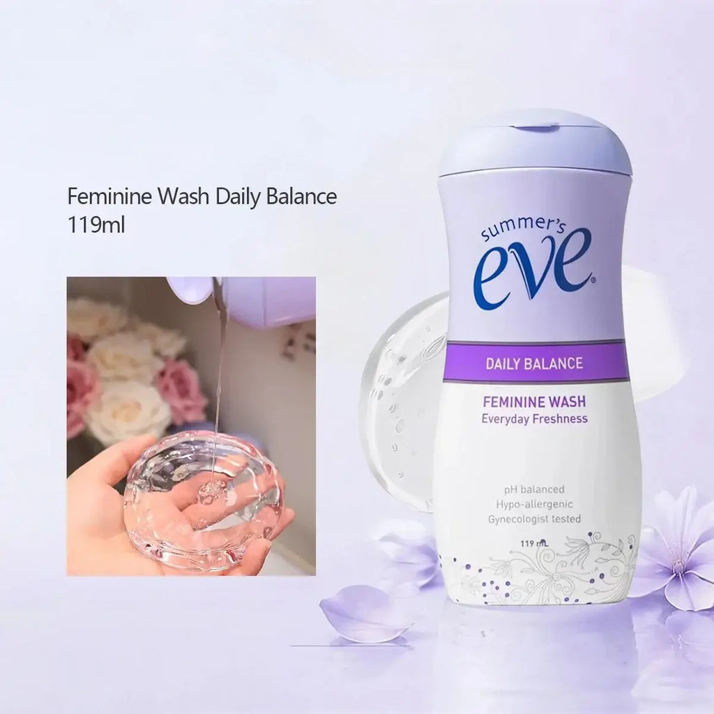 A lavender and white plastic bottle of summers eve feminine wash simply sensitive daily balance 119ml