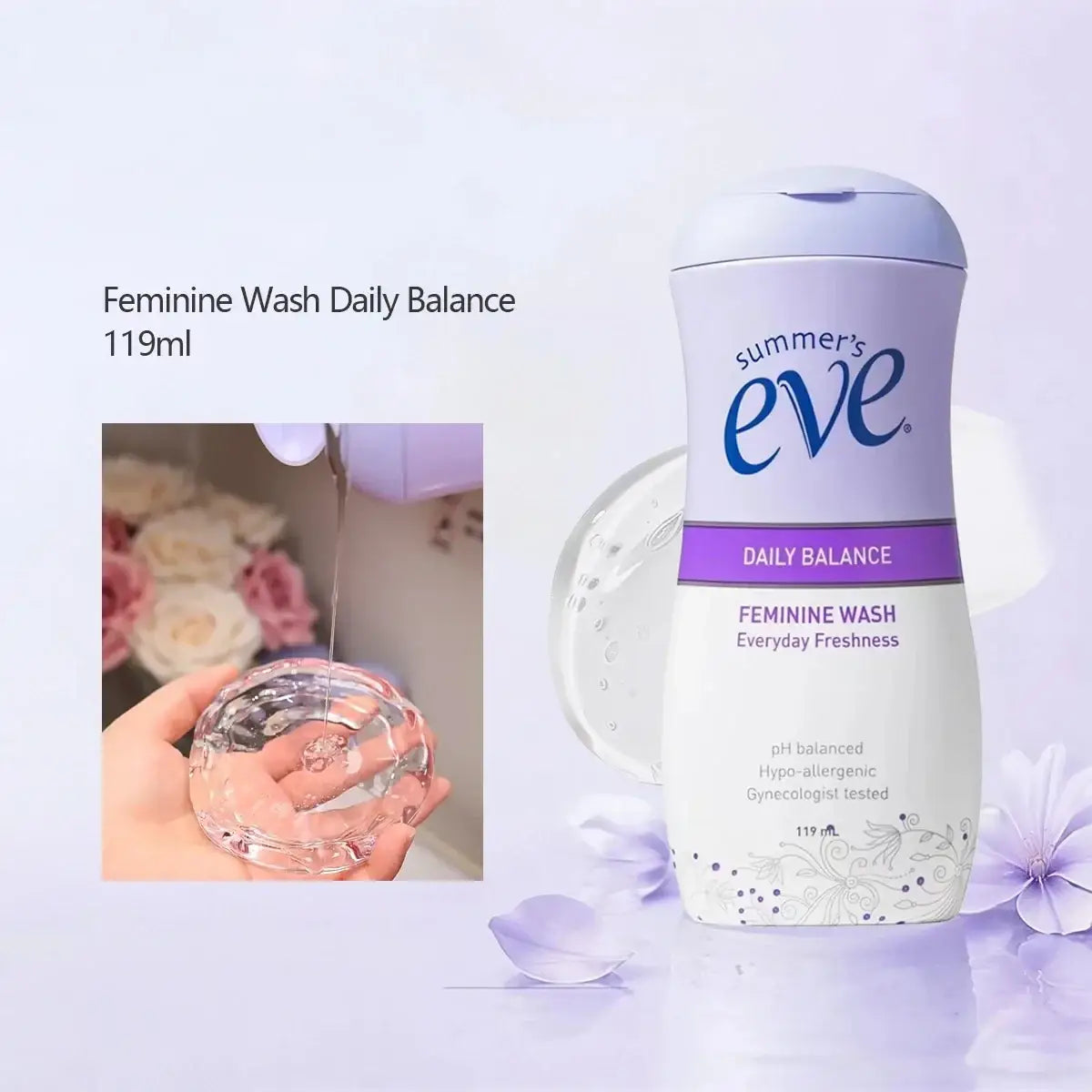 A lavender and white plastic bottle of summers eve feminine wash simply sensitive daily balance 119ml
