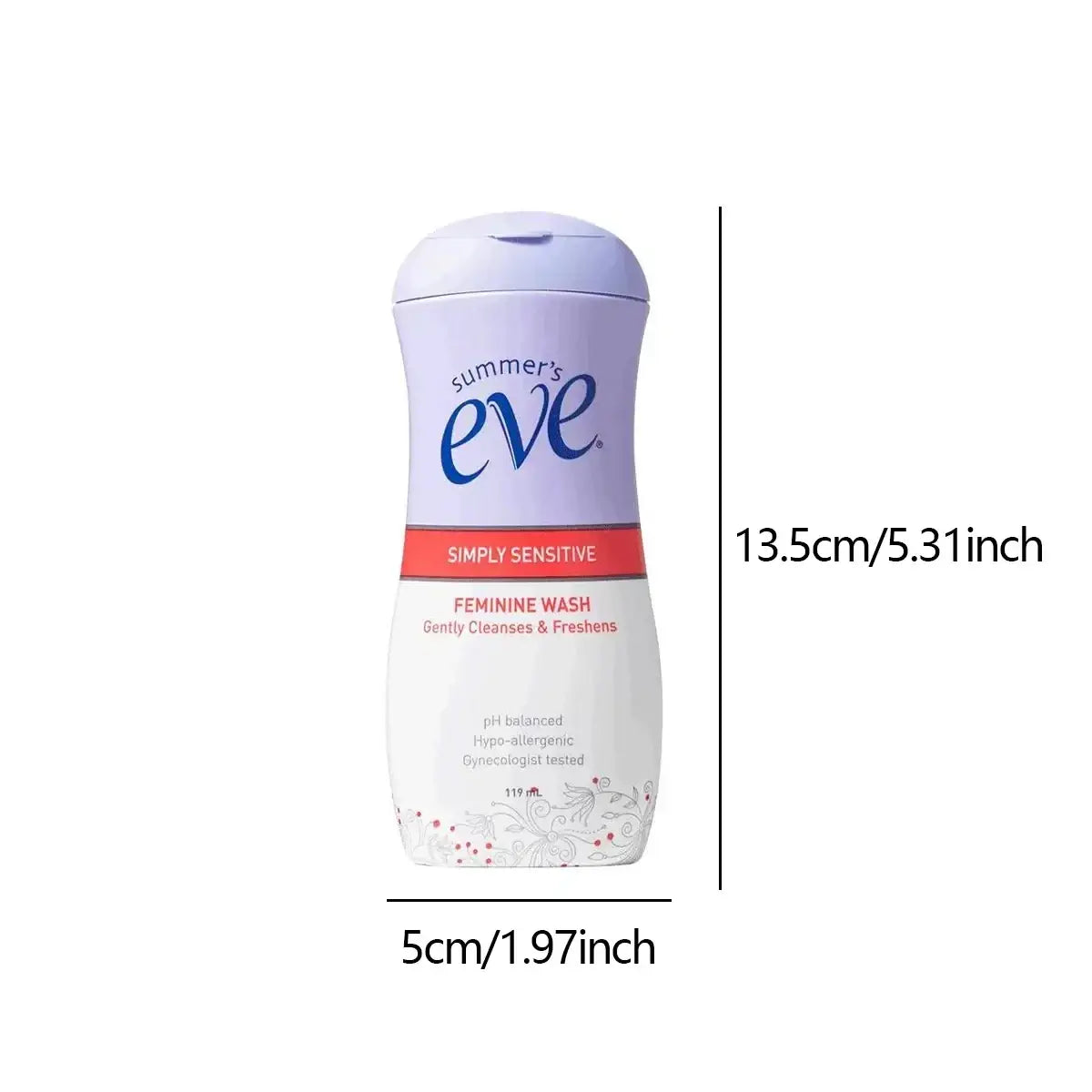 A lavender and white plastic bottle of summers eve simply sensitive feminine wash with a purple cap 119ml
