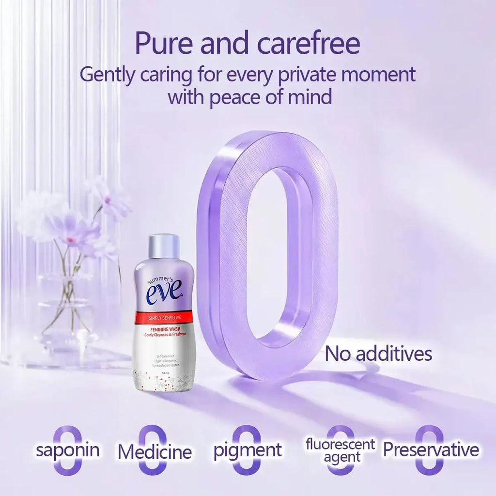A transparent bottle of summer eve simply sensitive feminine wash with a silver cap and white label with red accents