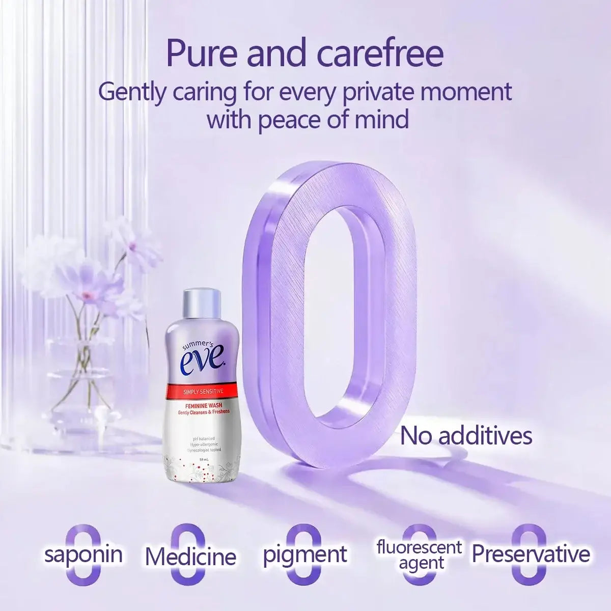 A transparent bottle of summer eve simply sensitive feminine wash with a silver cap and white label with red accents