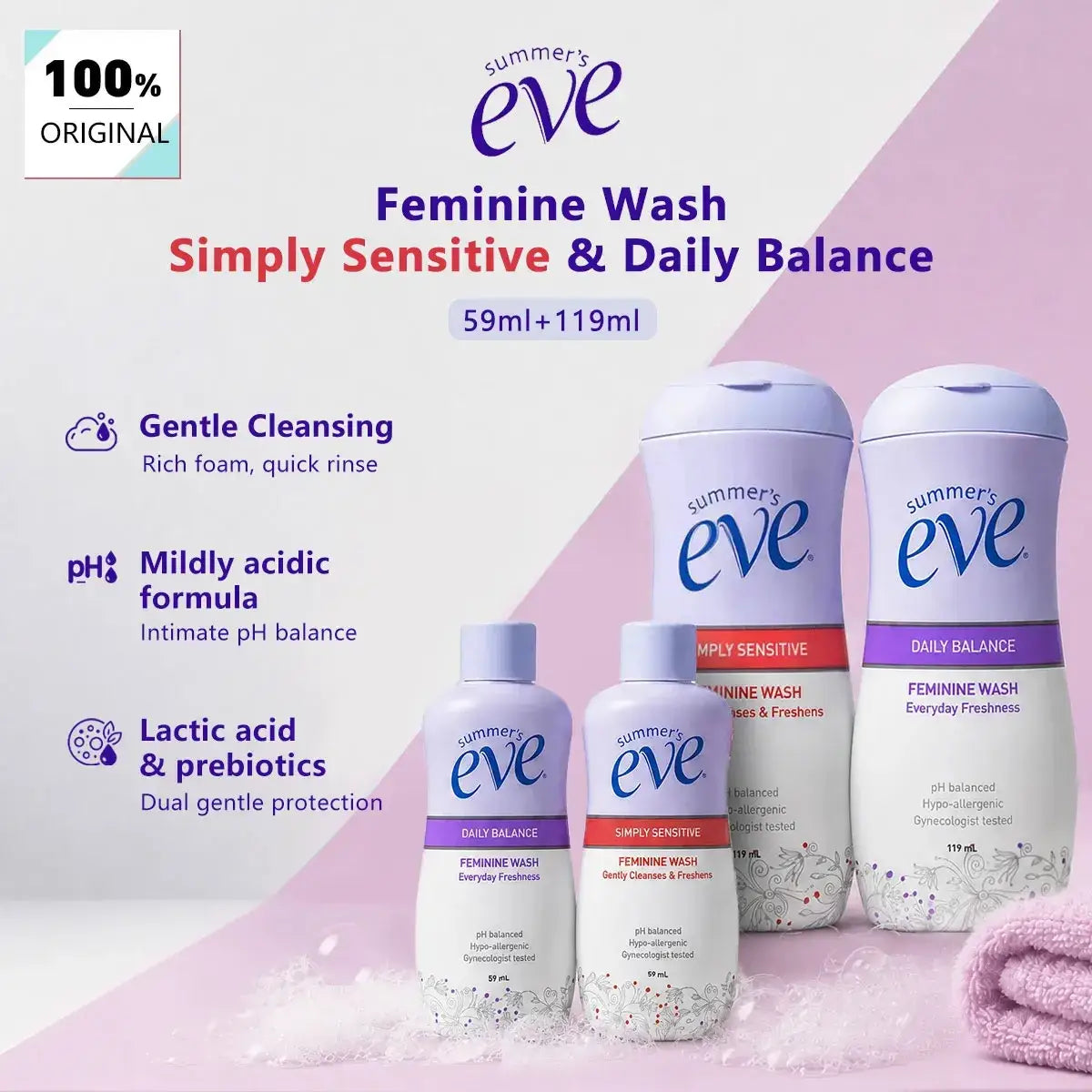Feminine wash bottles in white and lavender by summers eve featuring simply sensitive and daily balance variants