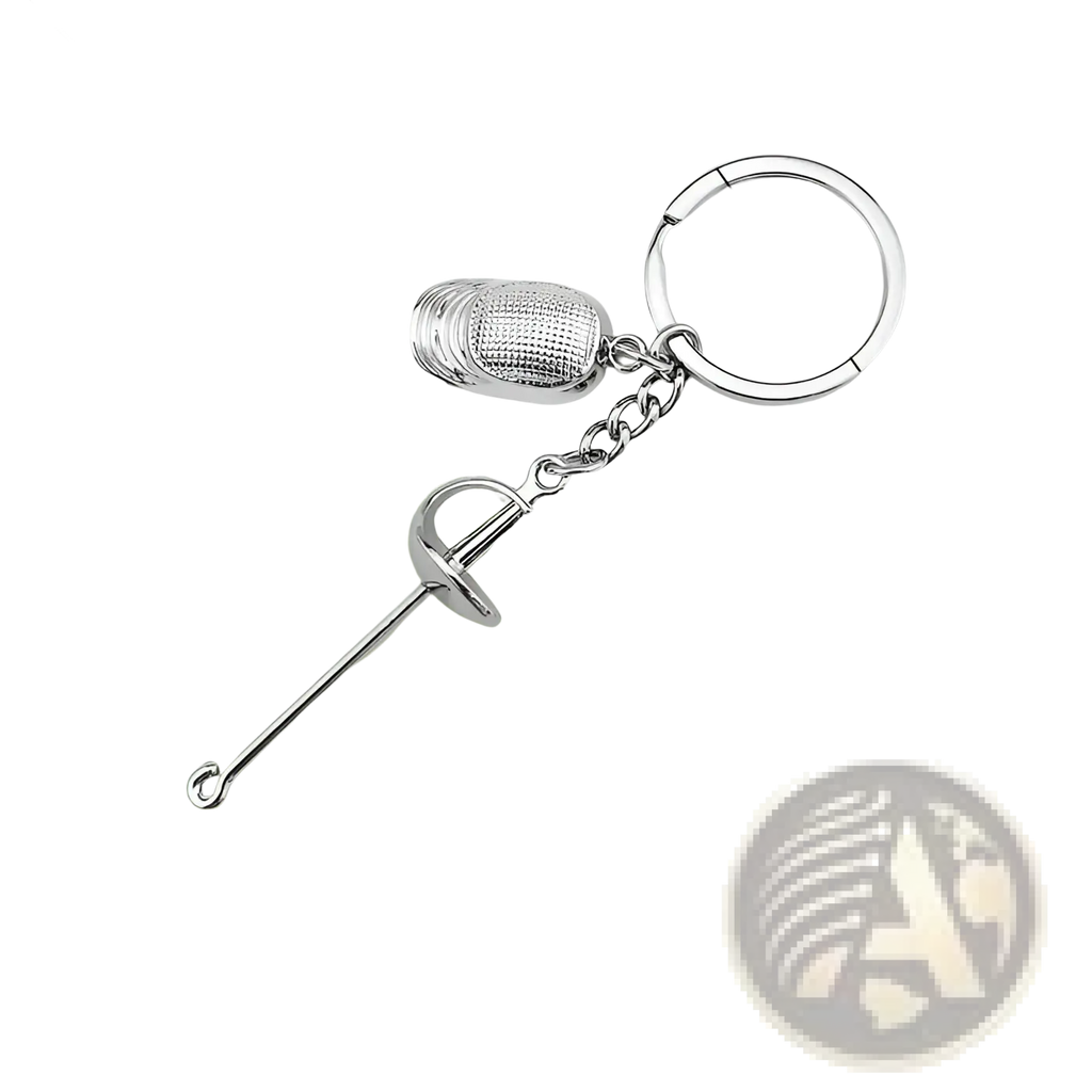 Silver-colored metallic fencing keychain with miniature sword and embroidered needlepoint cap, 112mm length