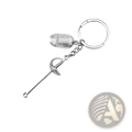 Silver-colored metallic fencing keychain with miniature sword and embroidered needlepoint cap, 112mm length