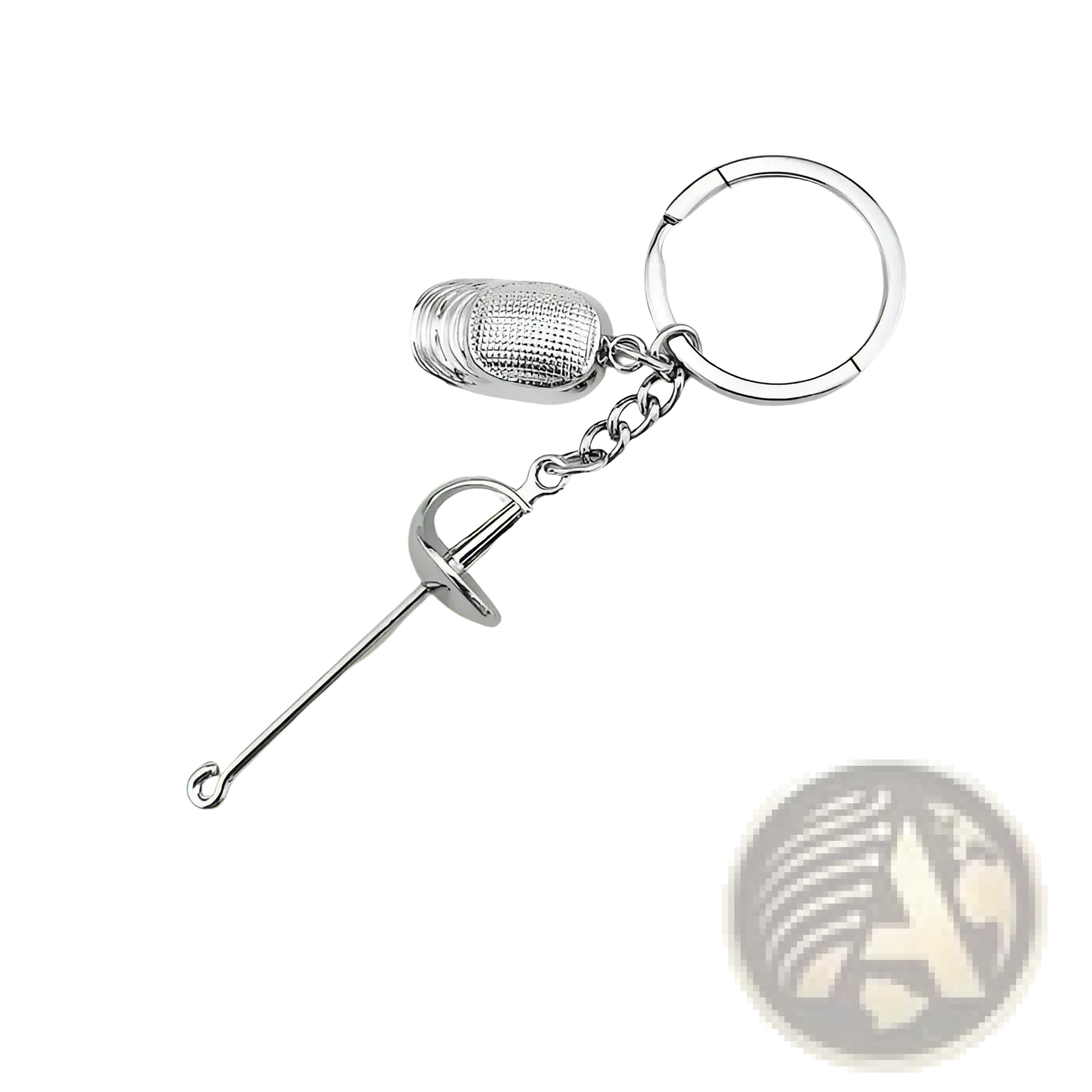 Silver-colored metallic fencing keychain with miniature sword and embroidered needlepoint cap, 112mm length