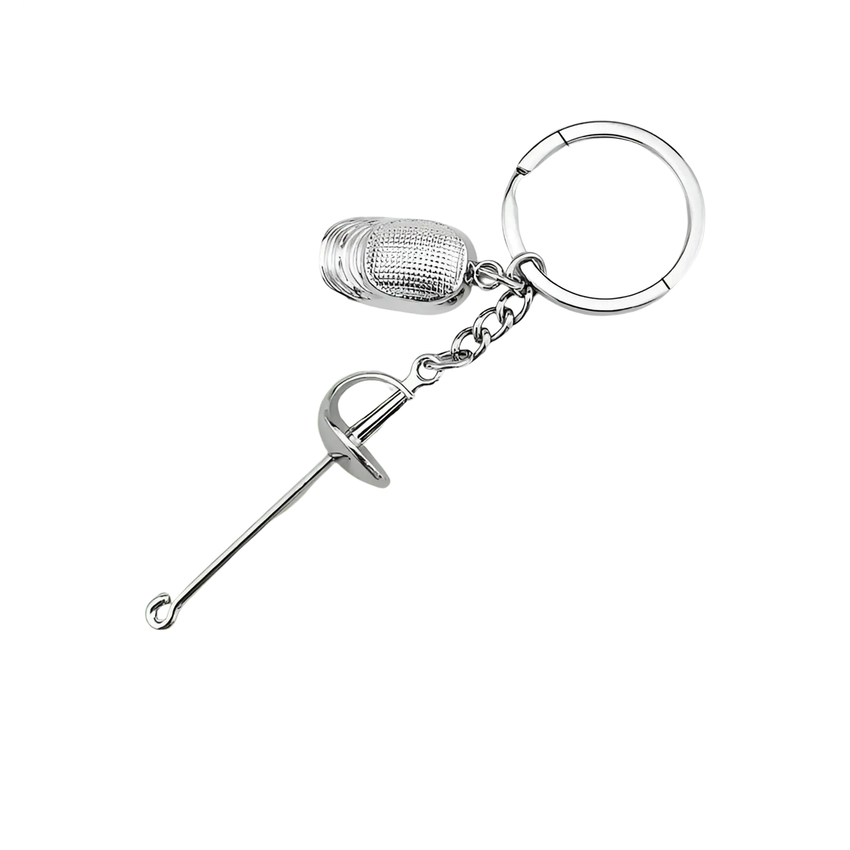 Silver-colored metallic fencing keychain with miniature sword and embroidered needlepoint cap, 112mm length