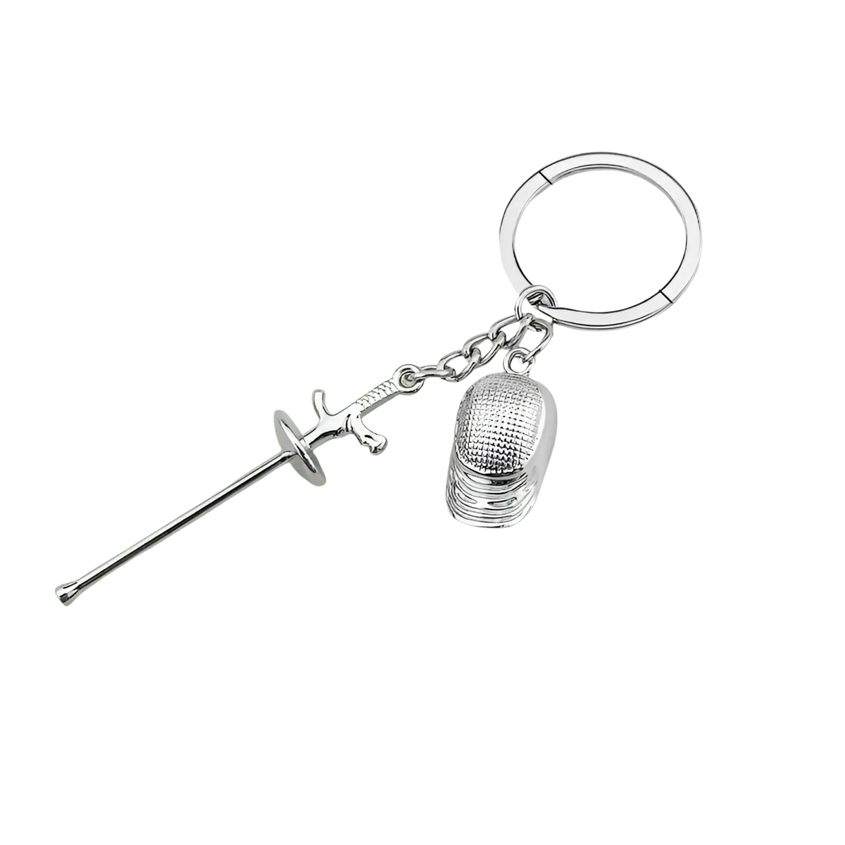 Silver-colored metal fencing keychain featuring detailed sword and glove charms for sports jewelry enthusiasts