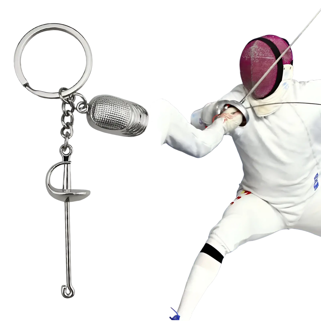 Silver metallic fencing keychain featuring a miniature sports sword and glove charm in metal jewelry design