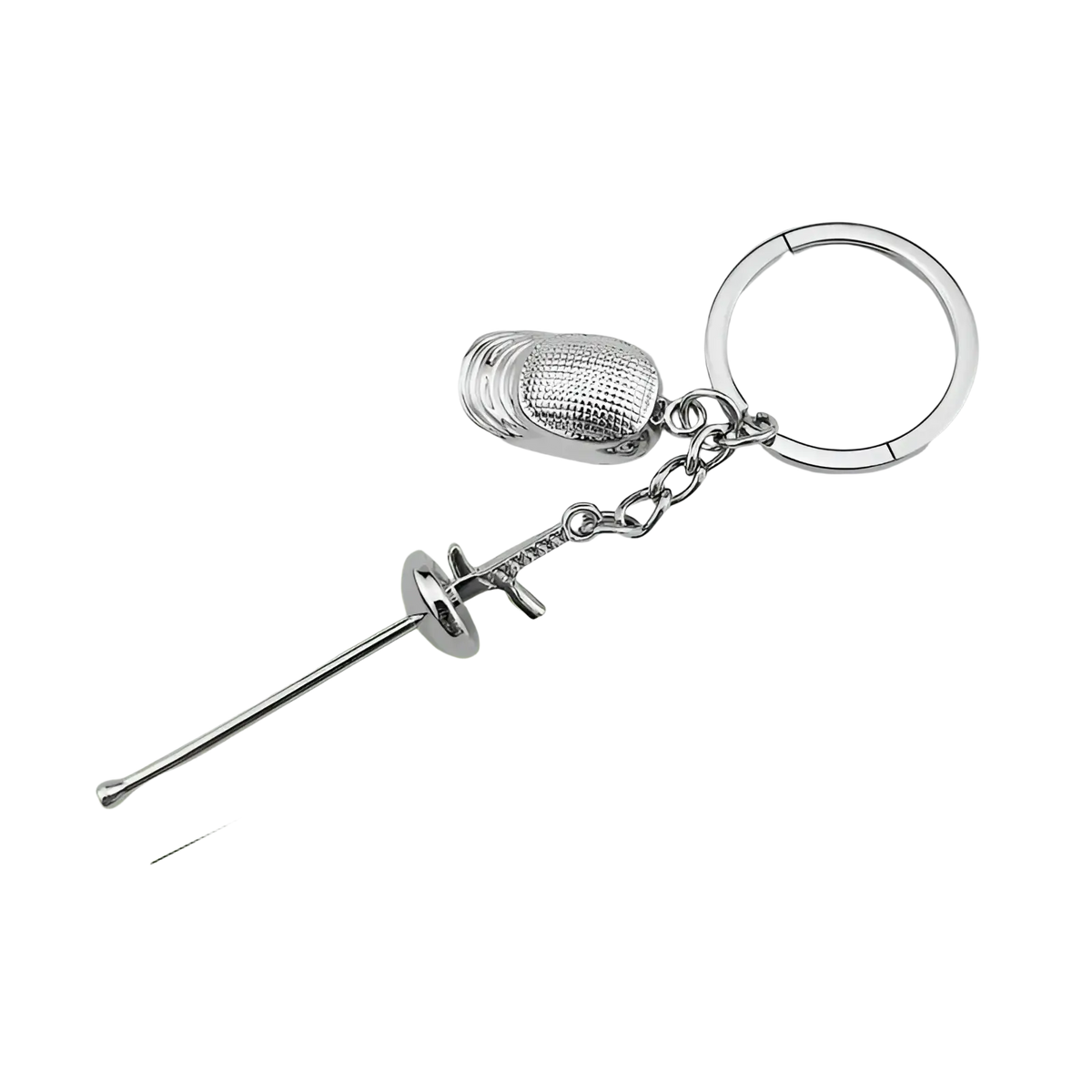 Silver metallic fencing keychain featuring an ornate textured hilt and circular ring for sports jewelry use