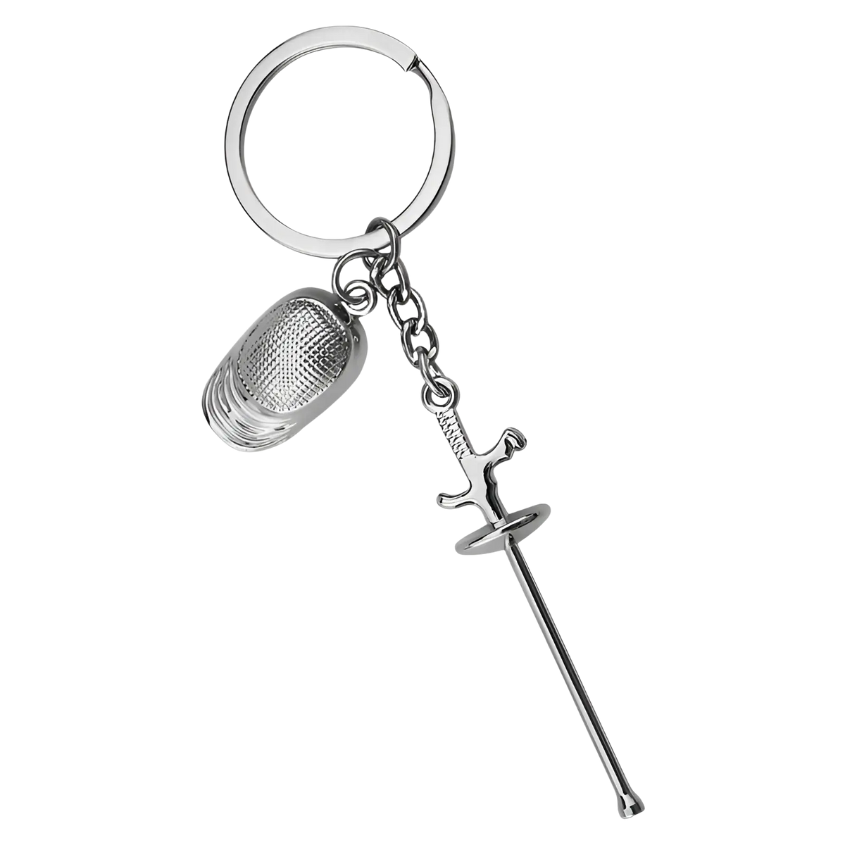 Silver metallic fencing keychain featuring a miniature mask and sword charm crafted from metal sports jewelry