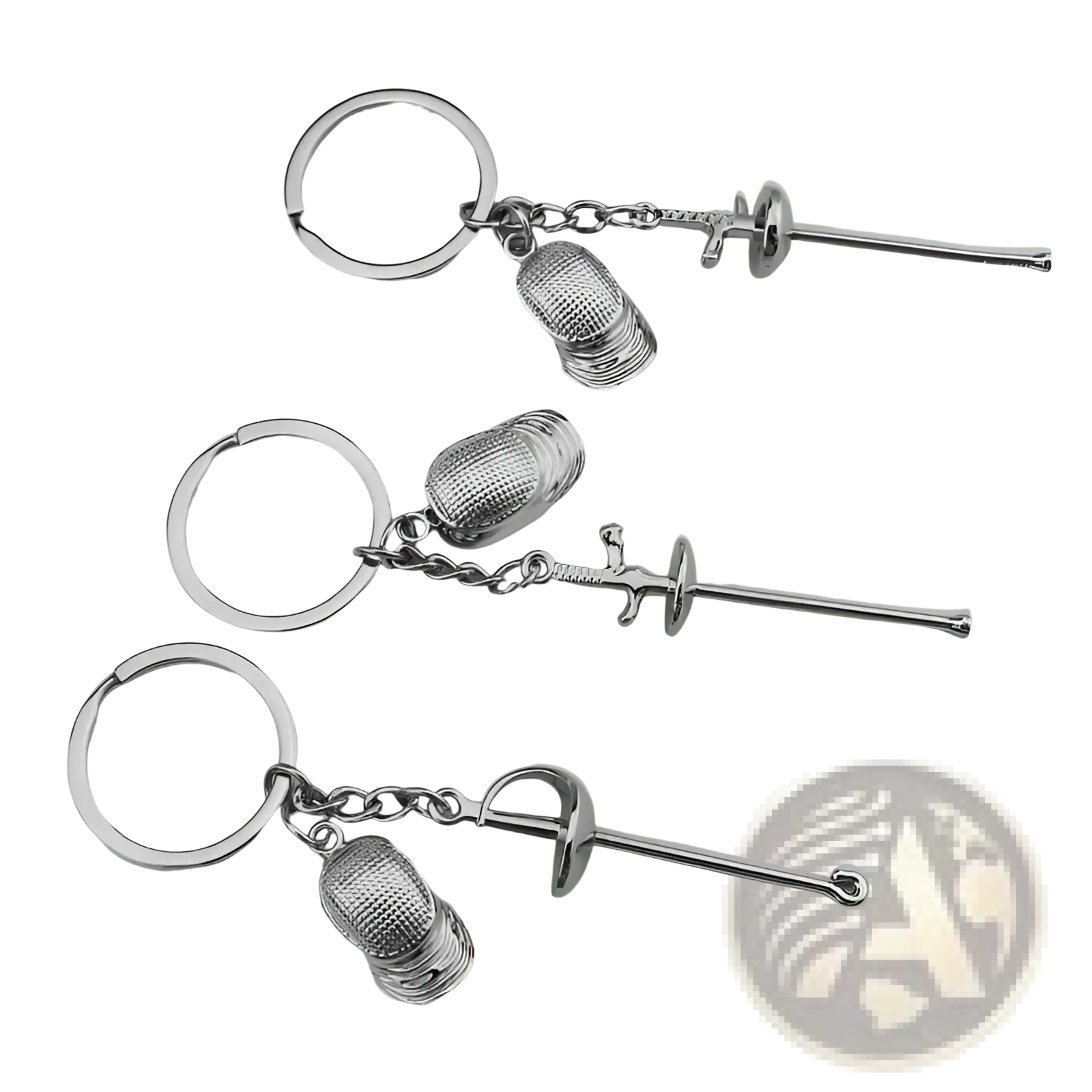 Silver metallic fencing keychain featuring detailed sword and glove charms made of metal for sports jewelry use