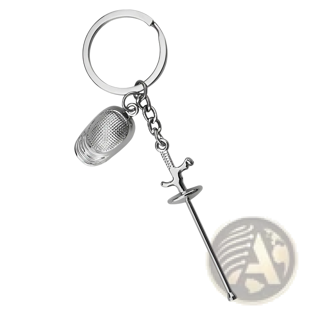 Silver metallic fencing keychain featuring a miniature mask and sword charm crafted from metal sports jewelry