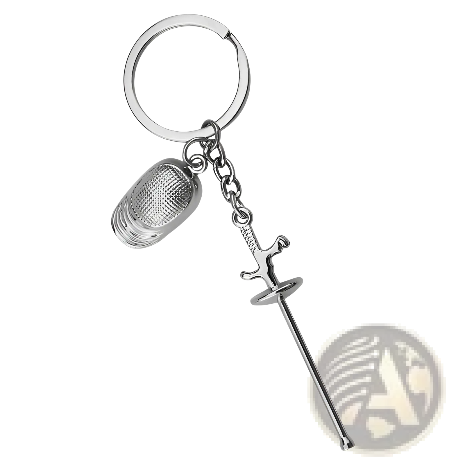 Silver metallic fencing keychain featuring a miniature mask and sword charm crafted from metal sports jewelry