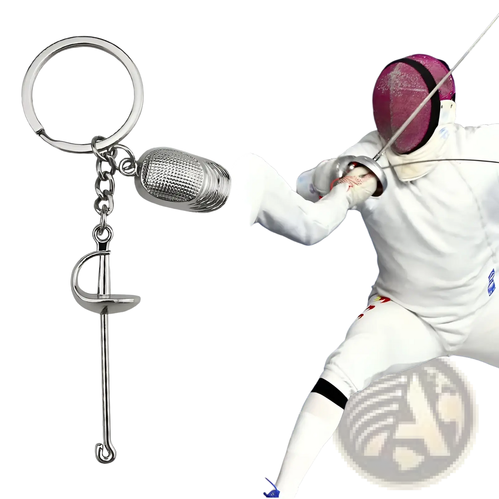 Silver metallic fencing keychain featuring a miniature sports sword and glove charm in metal jewelry design