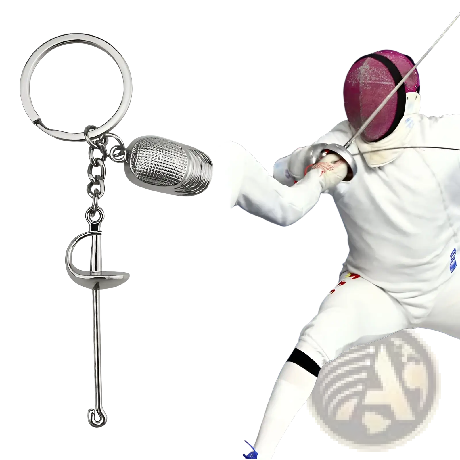 Silver metallic fencing keychain featuring a miniature sports sword and glove charm in metal jewelry design