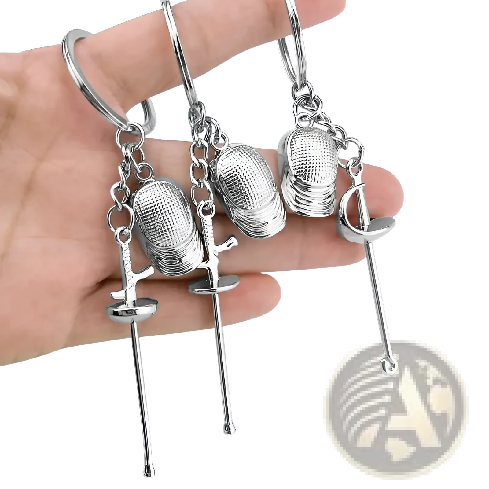 Silver metallic fencing keychains made of metal featuring detailed masks swords and gloves for sports sword jewelry