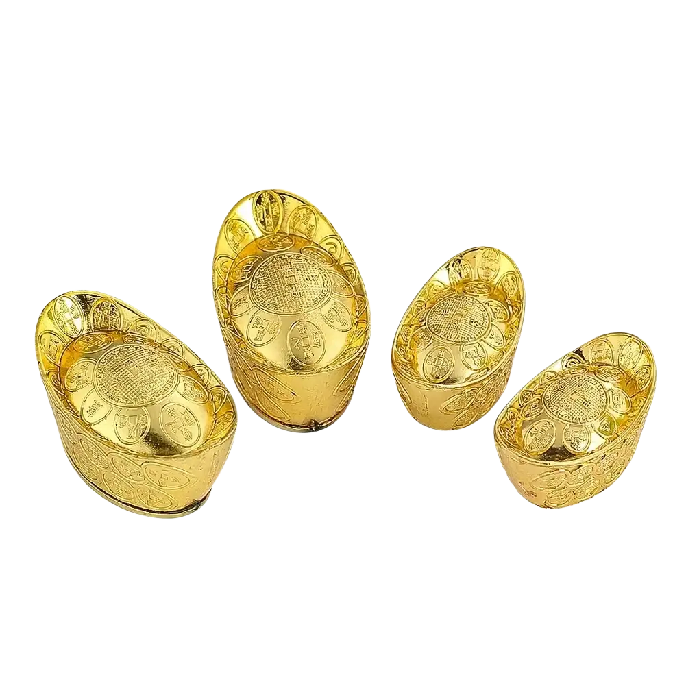 Four golden feng shui gold ingots with intricate embossed patterns for tabletop fortune decor