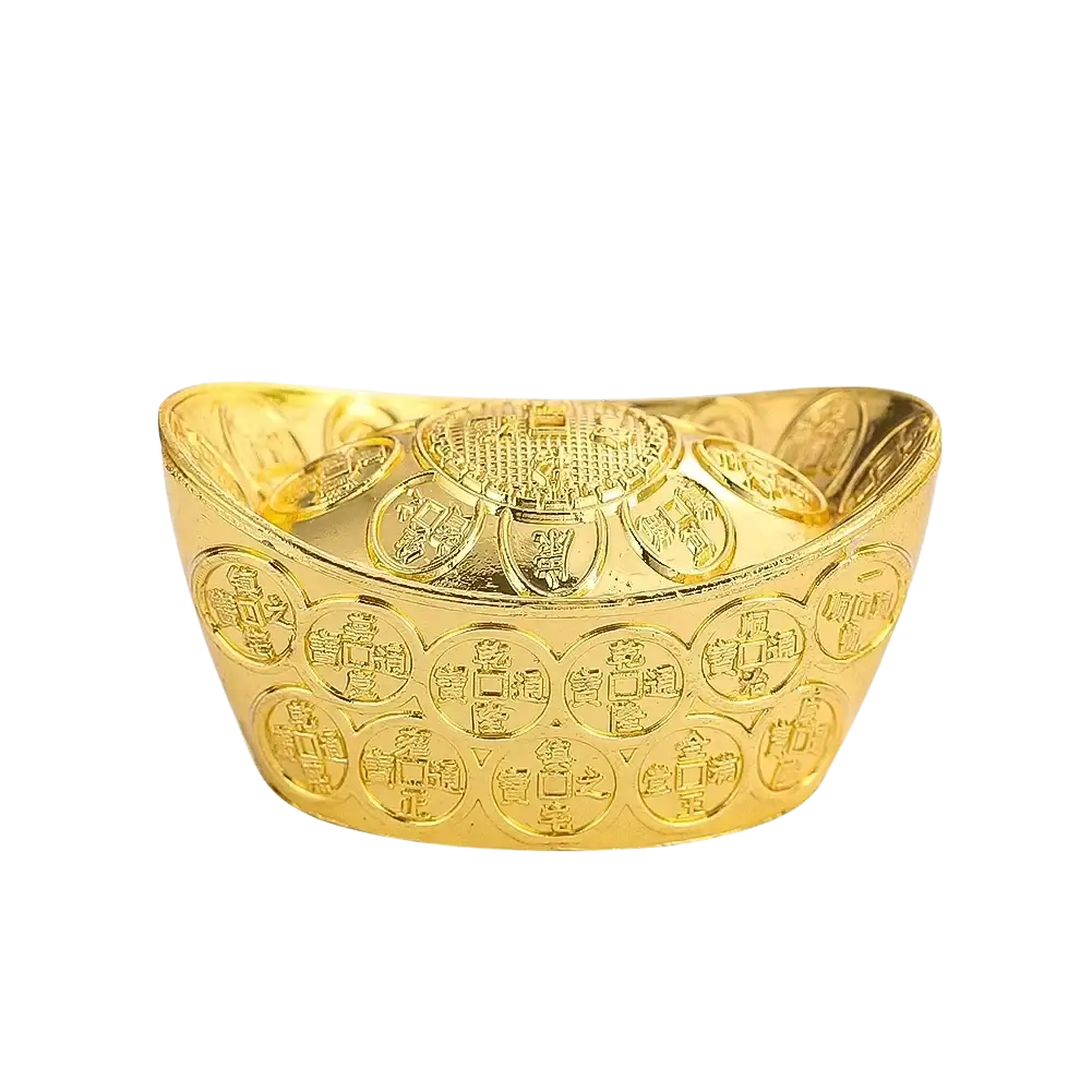 Golden feng shui gold ingot tabletop decor 19g 3.3cm x 1.7cm with embossed chinese characters and circular patterns