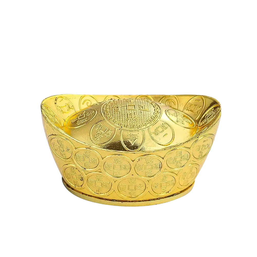 Golden 30g feng shui gold ingot tabletop decor with embossed coin patterns and engraved characters for fortune