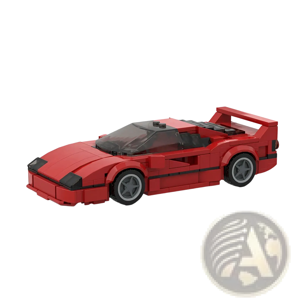Red lego ferrari f40 building block sports car toy model with black accents and gray wheels shown from the back side