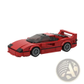 Red lego ferrari f40 building block sports car toy model with black accents and gray wheels shown from the back side
