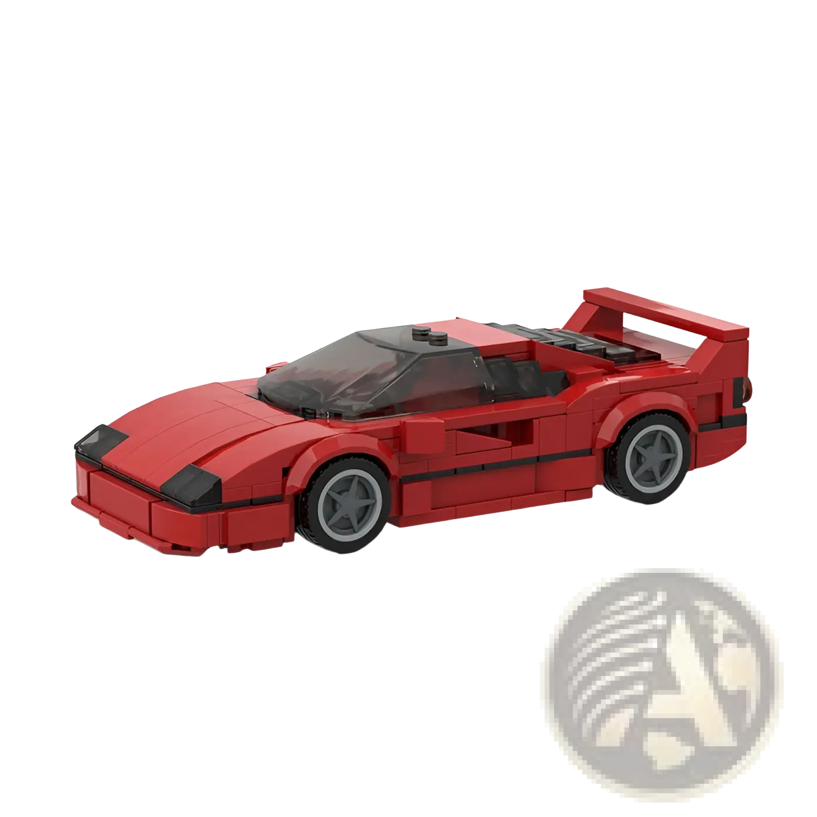 Red lego ferrari f40 building block sports car toy model with black accents and gray wheels shown from the back side