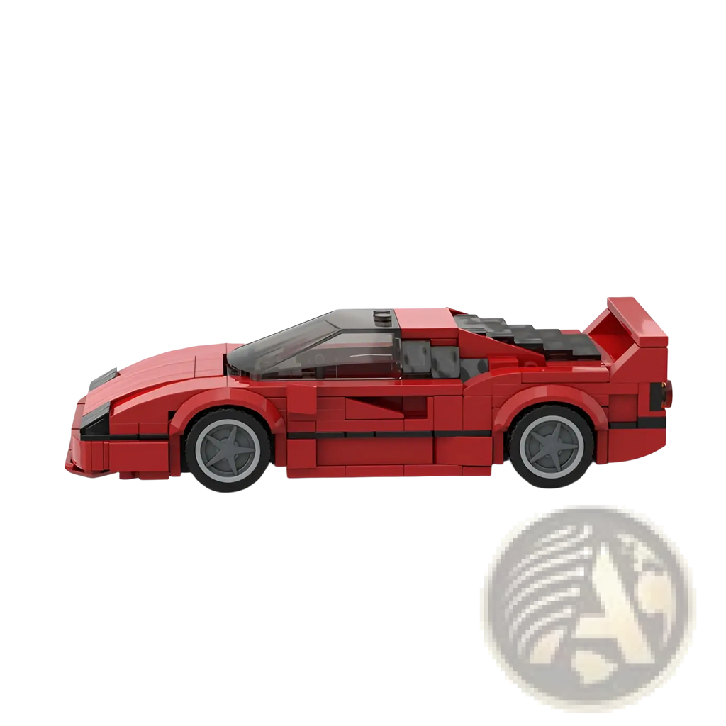 Red lego ferrari f40 building block sports car toy model with black tires and transparent roof visible from front side