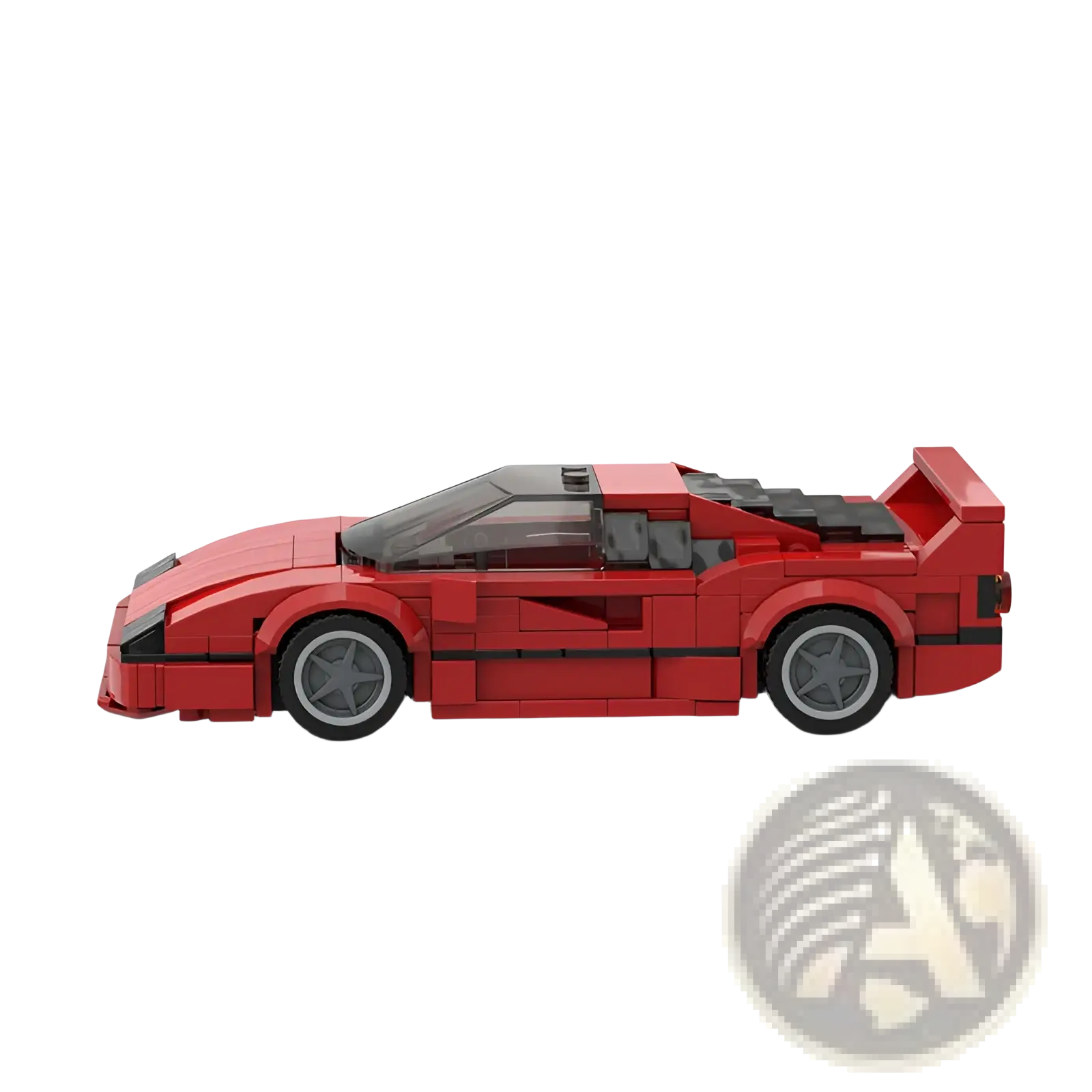 Red lego ferrari f40 building block sports car toy model with black tires and transparent roof visible from front side
