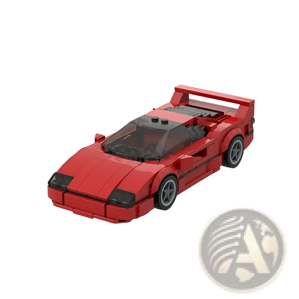 Red lego Ferrari F40 building block sports car model with black translucent windows and gray wheels