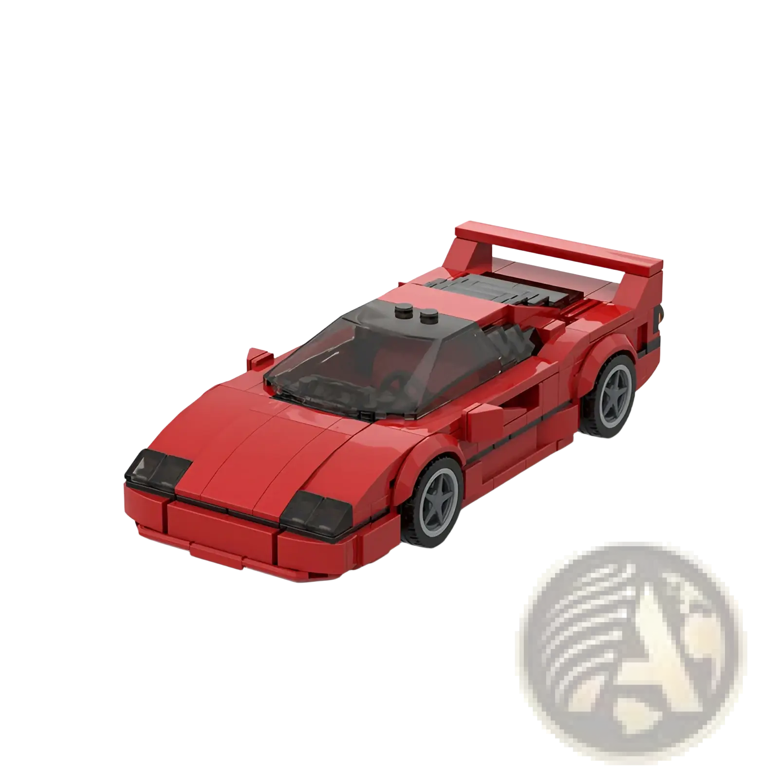 Red lego Ferrari F40 building block sports car model with black translucent windows and gray wheels