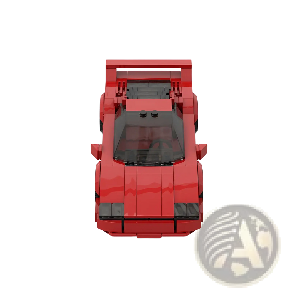 Red lego ferrari f40 building block sports car model with black translucent windows and detailed interior details