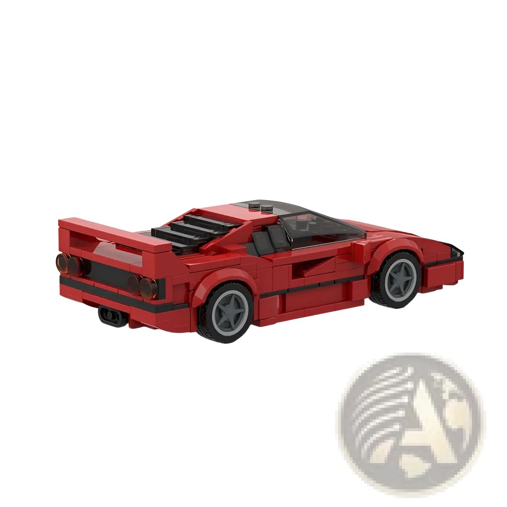 Red lego Ferrari F40 building block sports car toy model with black accents and gray wheels shown from the back side