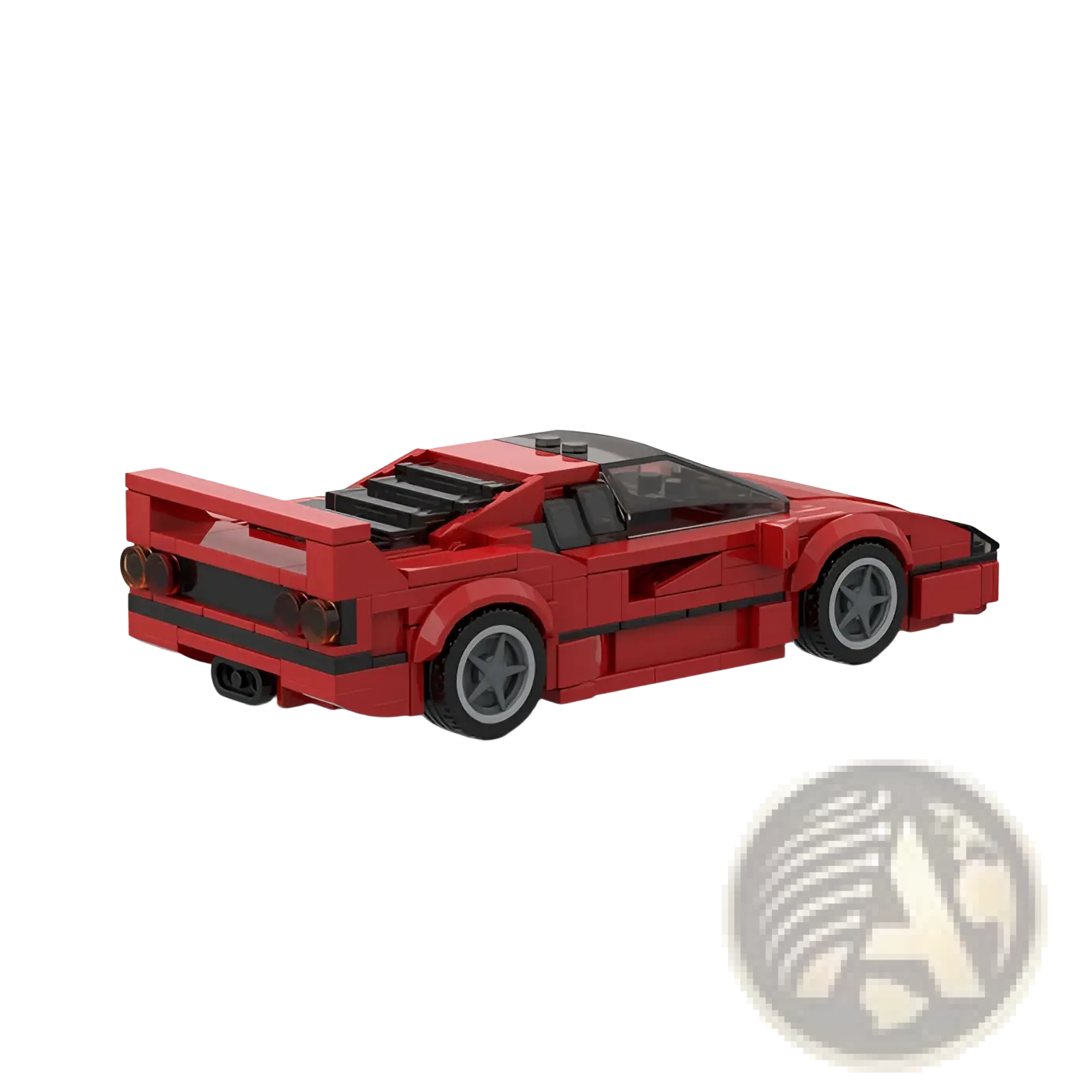 Red lego Ferrari F40 building block sports car toy model with black accents and gray wheels shown from the back side