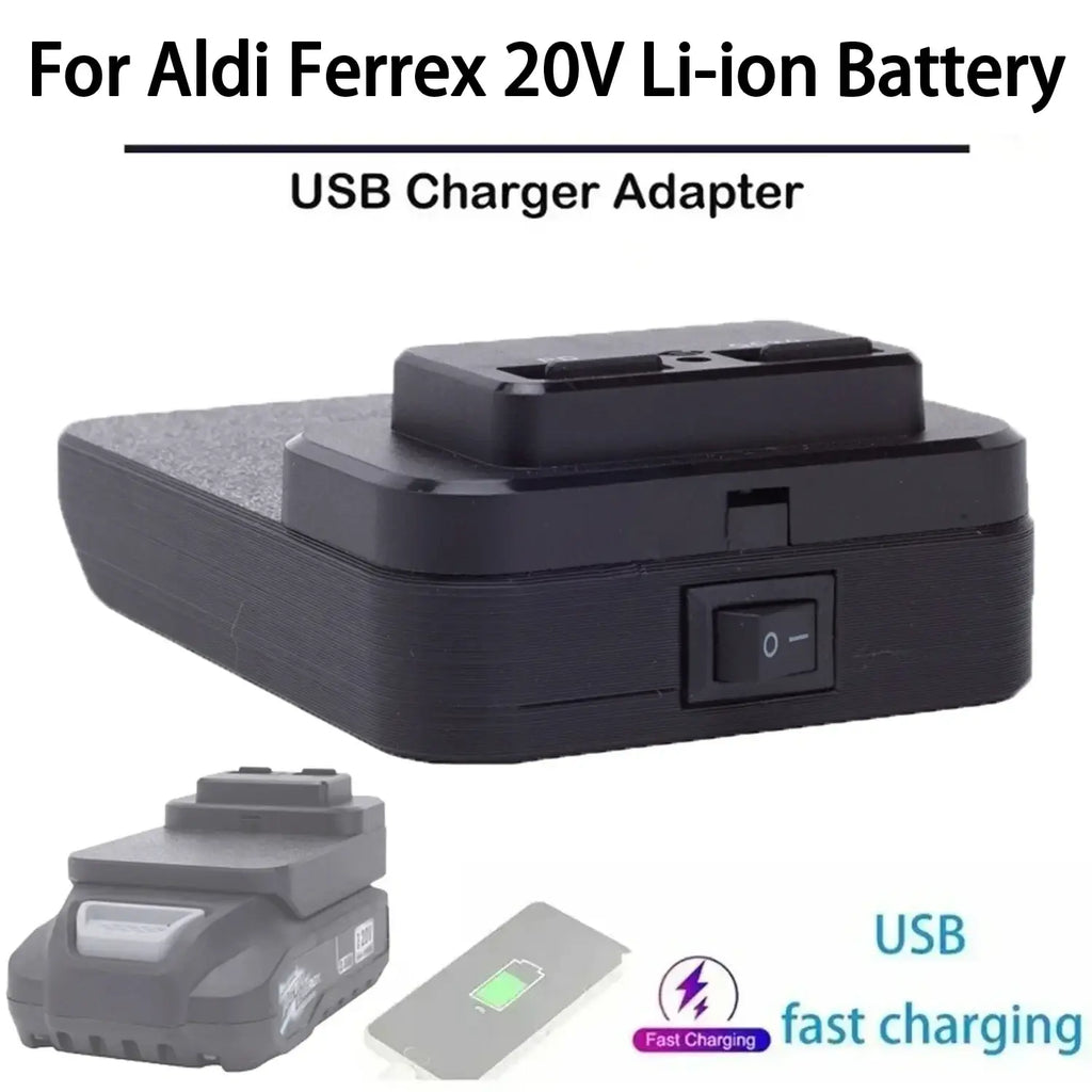 Black plastic ferrex 20v power bank usb adapter with fast charging switch and textured surface for li-ion battery