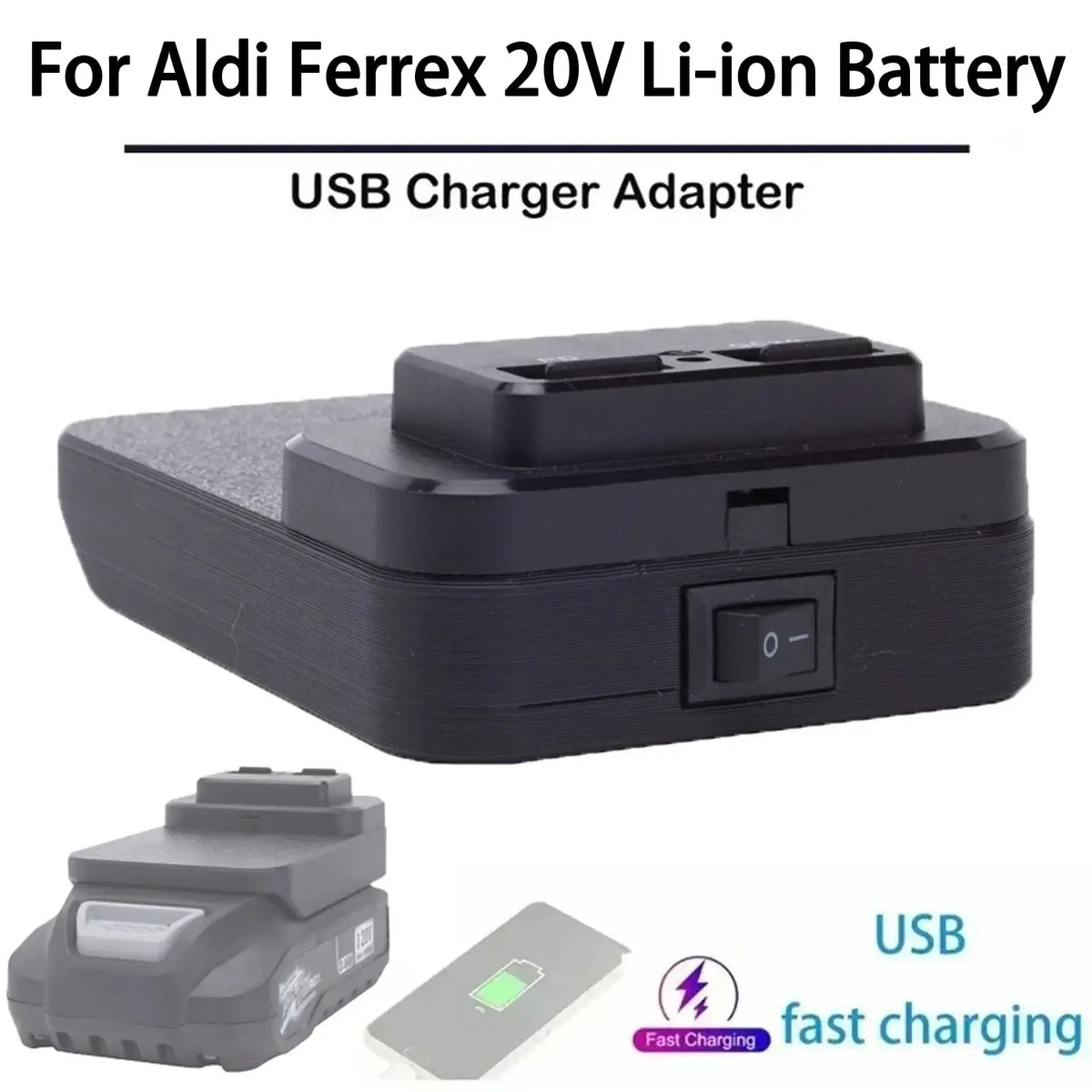 Black plastic ferrex 20v power bank usb adapter with fast charging switch and textured surface for li-ion battery
