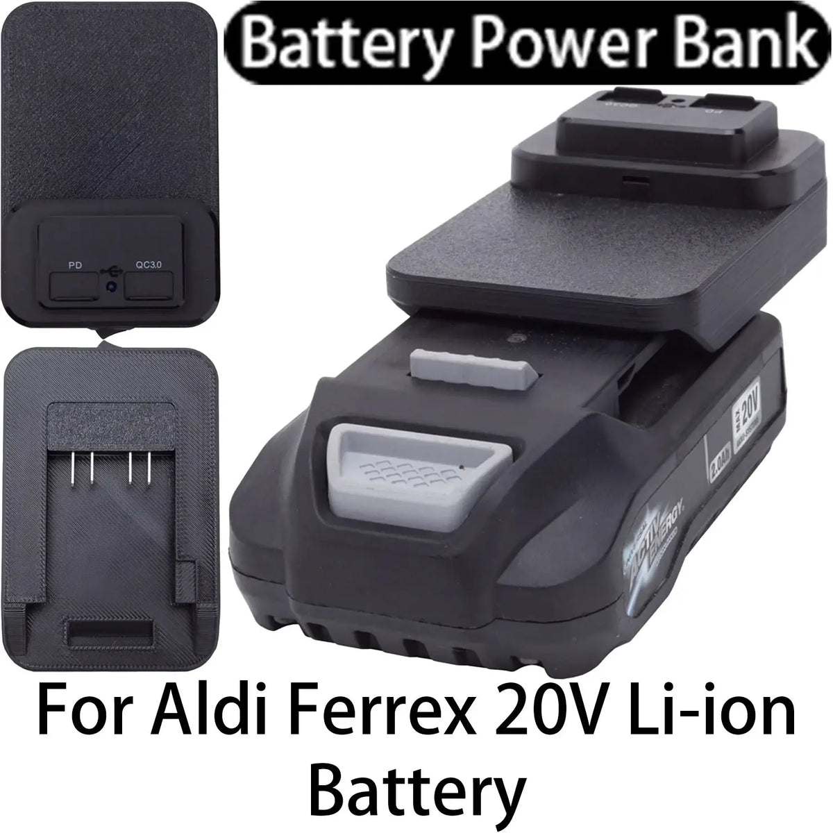 Black plastic ferrex 20v power bank charger with pd and qc3.0 ports for fast charging aldi ferrex batteries