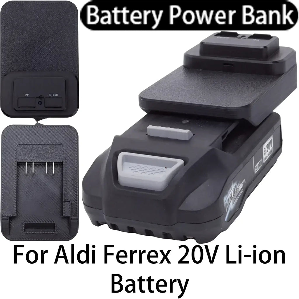Black plastic ferrex 20v power bank fast charging usb adapter designed for aldi ferrex 20v li-ion batteries